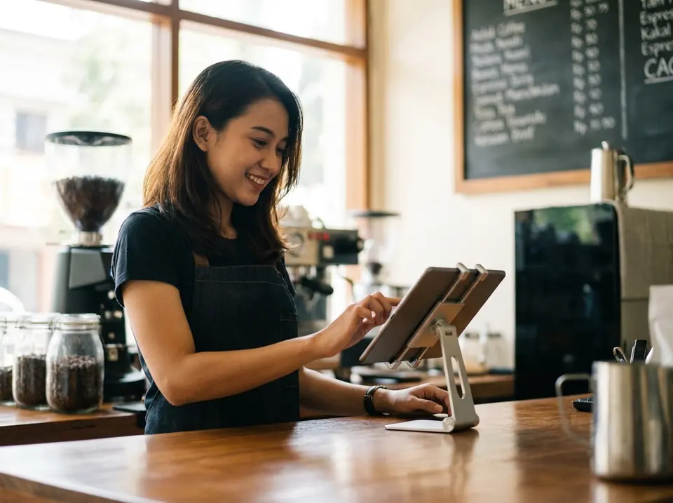 Barista mengetuk layar kasir di coffee shop