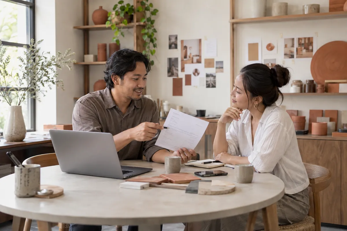 Desainer membahas rincian invoice bersama klien