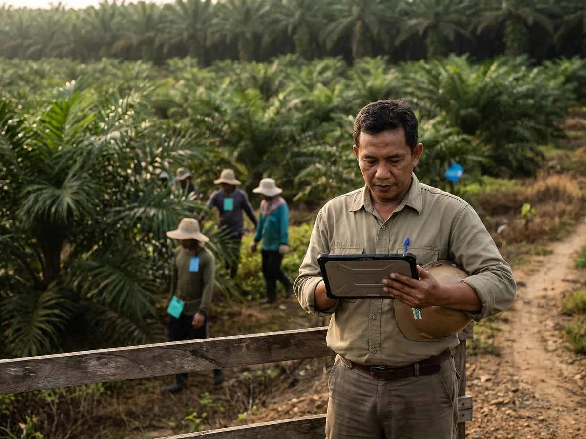 Supervisor perkebunan Indonesia memeriksa tim dan biaya lapangan