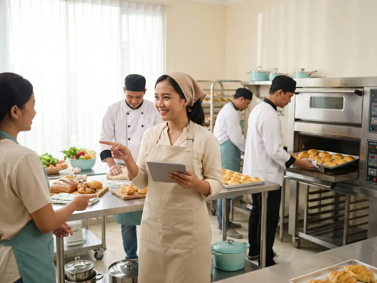 Pemilik catering dan bakery Indonesia memeriksa pesanan serta stok bahan