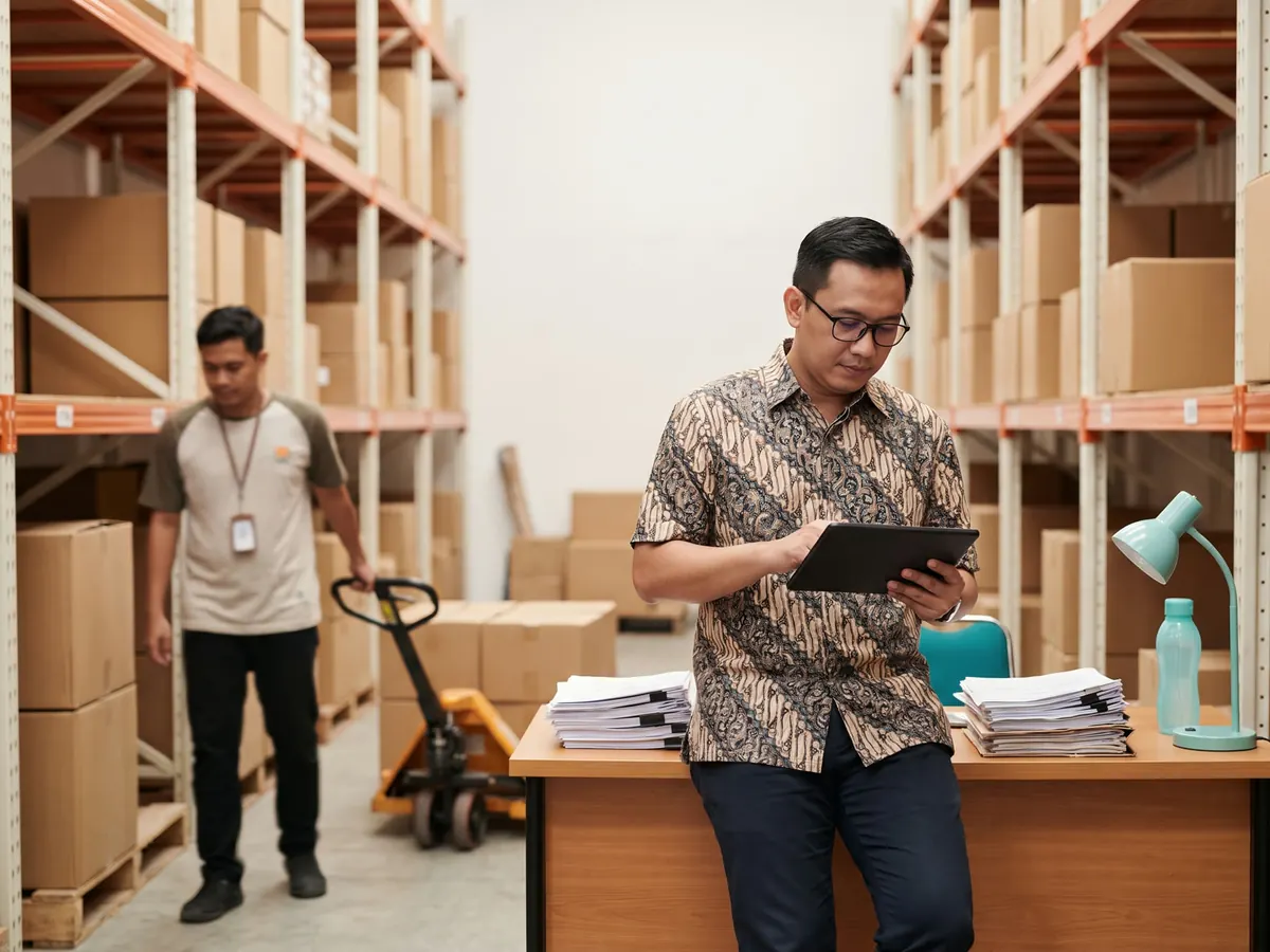 Pemilik distributor Indonesia memeriksa stok dan invoice