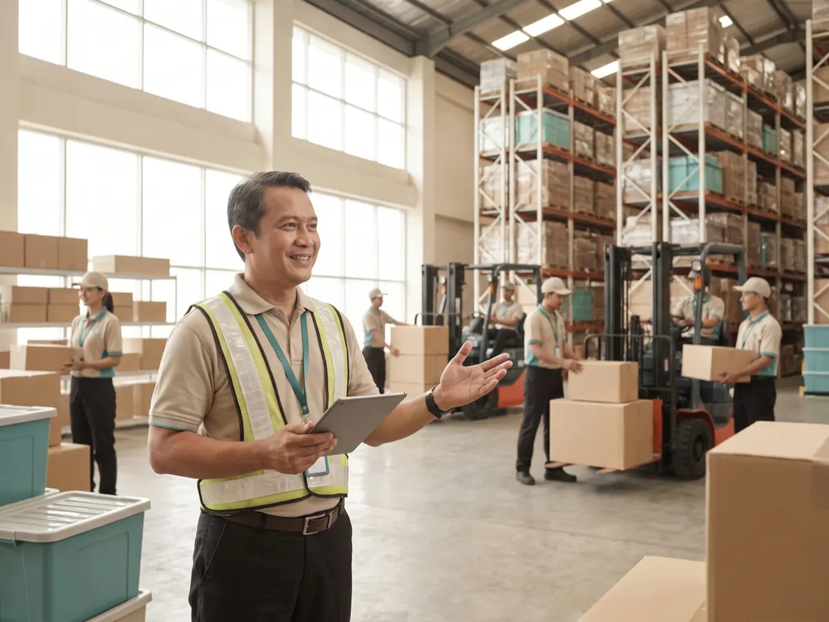 Manajer logistik Indonesia memeriksa tim dan stok di gudang