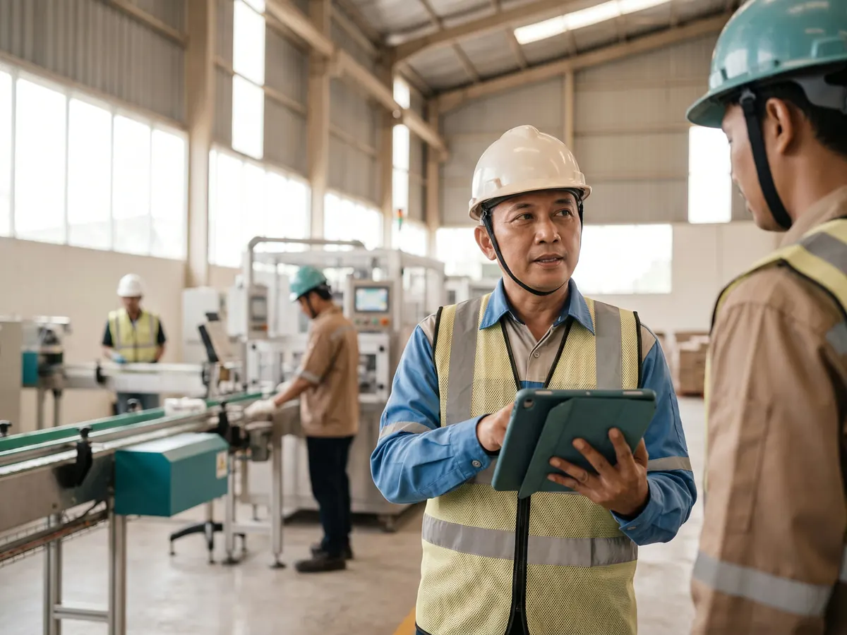 Supervisor manufaktur Indonesia memeriksa shift dan material