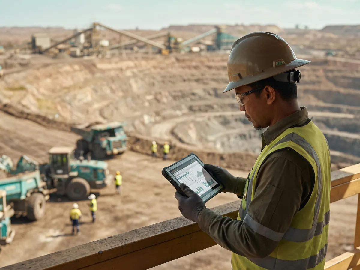 Supervisor site pertambangan Indonesia memeriksa tenaga kerja dan material