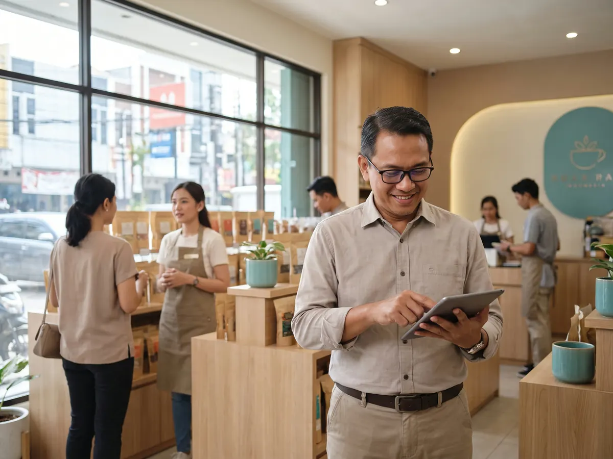 Indonesian shop manager reviewing stock and team operations