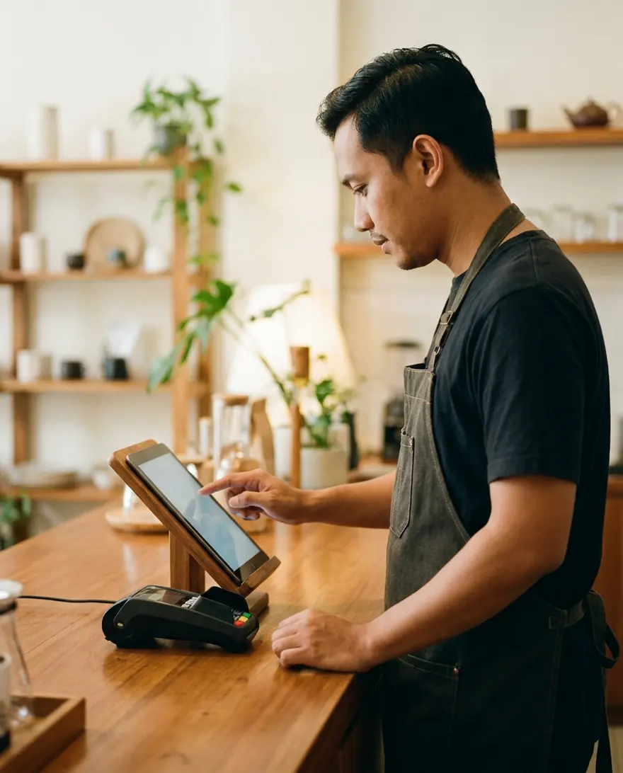 Pemilik toko memakai kasir tablet